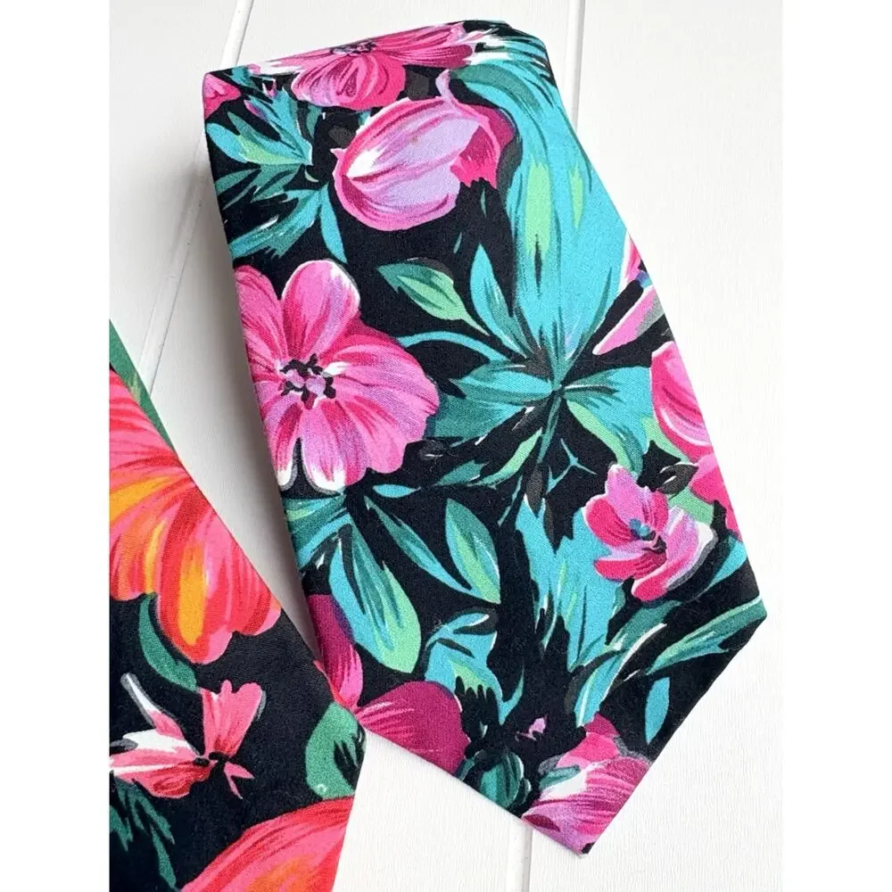 Vintage Rooster Tropical Floral Cotton Tie Lot of 2 USA 100% Cotton 54.5